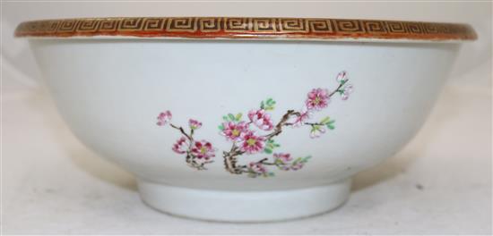A Chinese famille rose basin, mid 19th century, diameter 29.5cm, short hairline crack to rim
